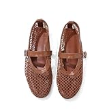 woivok Mesh Flats for Women Ballerina Comfortable Mule Casual Round Toe Buckle Strap Ballet Mary Jane Shoes for Summer Brown