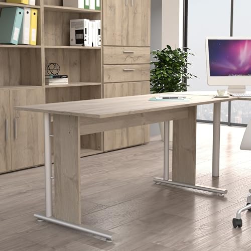 möbelando Schreibtisch >Mindi< in Bianco Eiche Dekor- 150x72x70cm (BxHxT)