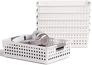Amazon Brand-Umi Storage Baskets Plastic Stackable Large Shelf Basket Organizer for Livingroom Kitchen, Bathroom, 6 Pack, Off White