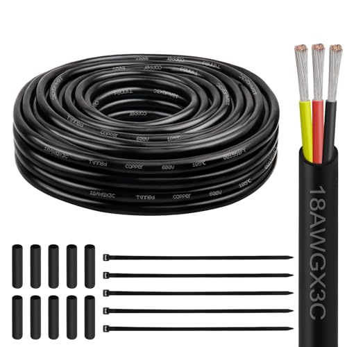 Image of 18 Gauge 3 Conductor Electrical Wire, 18 AWG Tinned Copper Stranded PVC Cable, Waterproof /Flexible /Low Voltage Extension Cord for Automotive, Marine, Solar, LED Lighting (25FT)