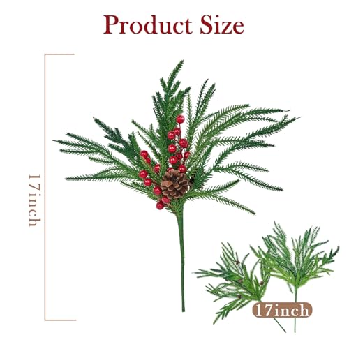 12 Pcs Norfolk Pine Branches, Artificial Pine Branches, 17" Norfolk Pine Branches, Long Christmas Greenery Stems with Red Berries and Pine Cores for Christmas Vases DIY Crafts Home Decor - Image 6