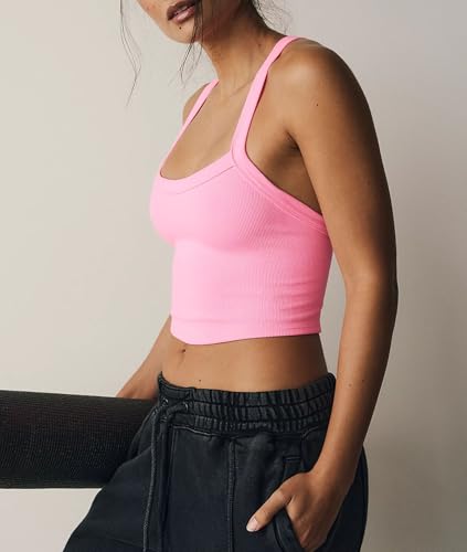 Image of Tank Tops for Women Scoop Neck Crop Tops Athletic Workout Tops Cute Seamless Cami Ribbed Tank Top