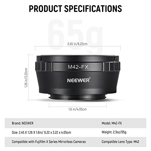 Neewer M42 To Fuji X Lens Mount Adapter Compatible With M42 Lens To Fujifilm X Series Mirrorless Camera X-T2 X-T3 X-T5 X-T20 X-Pro3 X-Pro2 Etc, Matte Black Interior, Manual Focus Only, M42-Fx #TOP6