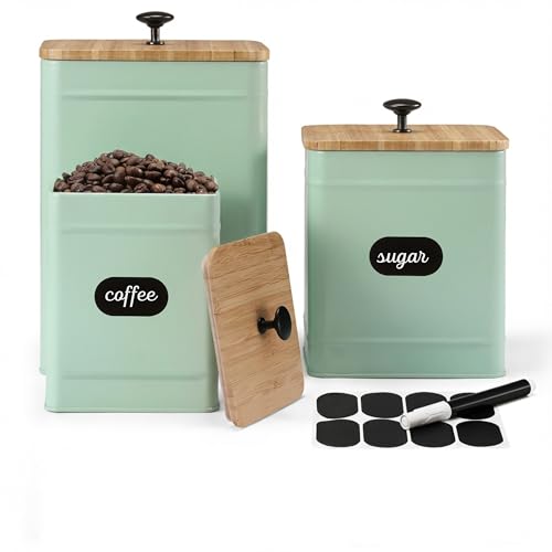 PERFNIQUE Kitchen Canisters for Countertop Set of 3, Airtight Canisters Sets for Kitchen Counter with Lid, Metal Farmhouse Food Storage Containers Jars for Flour Sugar Coffee Tea Spice (Sage Green)
