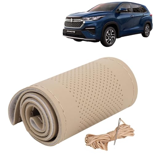 Image of KINGSWAY PU Leatherite Car Steering Cover Sewable Compatible with Maruti Suzuki Invicto (Year 2023 Onwards), Beige Color with Beige Thread, Pack of 1 with Sewing Needle and Thread