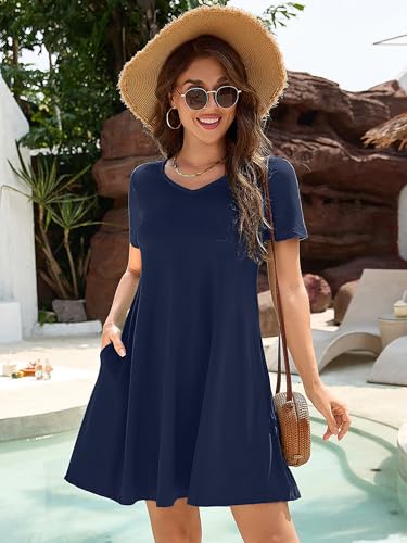 Image of KORSIS Dresses for Women Casual T-Shirt Summer Short Sleeve Loose Comfy Dress Swing Flowy Beach Vacation Sundress with Pocket