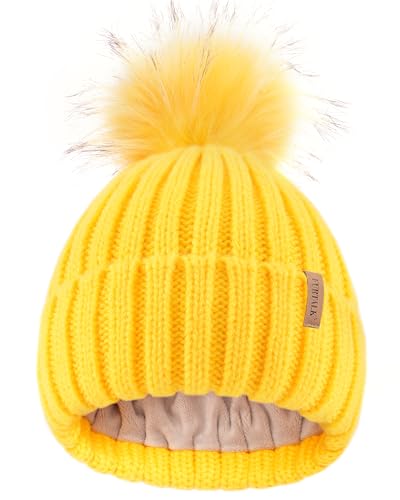 FURTALK Kids Winter Hat Toddler Knitted Beanie Faux Fur Pom Yellow