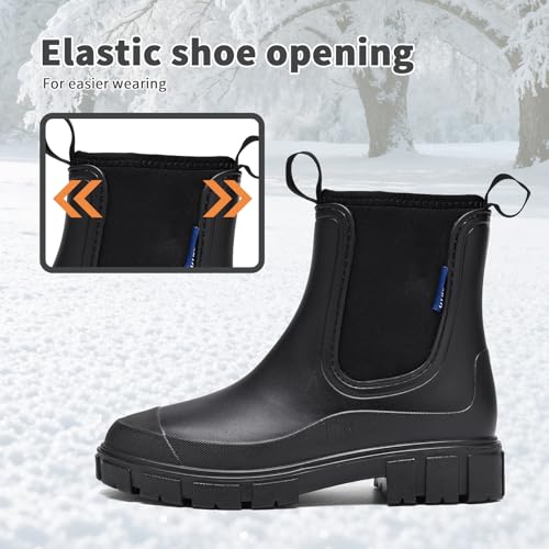 GemChve Gummistiefel Damen Winter, Chelsea Boots Gefüttert Wasserdicht, Gummistiefeletten Halbhohe Gartenschuhe, Rutschsicher Regenschuhe, Abriebfest Komfort Schlupfstiefel Black 38 EU