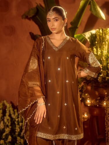 Image of FIORRA Women's Brown Viscose Chanderi Embroidered & Gota Patti Work Ethnic A-Line Kurta Set with Dupatta