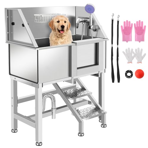 34 Inch Stainless Steel Dog Bathing Station, Professional Dog Grooming Tub with Three Anti-Slip Steps and Removable Door, Dog Pet Wash Bath Station Right Door