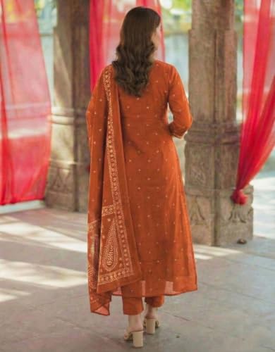 Image of GoSriKi Rust Anarkali Kurta Set for Women with Dupatta | Cotton Kurti Set for Woman | Embroidered Anarkali Suit for Women Kurti Pant Set with Dupatta | Suit Set for Women Latest