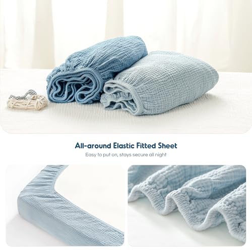 Image of GRSSDER 100% Cotton Muslin Crib Sheet 2 Pack - Breathable & Ultra-Soft Fitted Crib Sheets for Standard Baby & Toddler Mattresses, 52 inchx28 inch with 9 inch Deep Pocket, Snug Fit All-Around Elastic