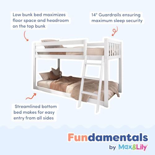 Image of Max & Lily Fundamental Twin Low Bunk Bed, Kids Solid Wood Modern Bed Frame with Strong Wooden Slats, Non-Toxic Finishes, High Weight Capacity, White