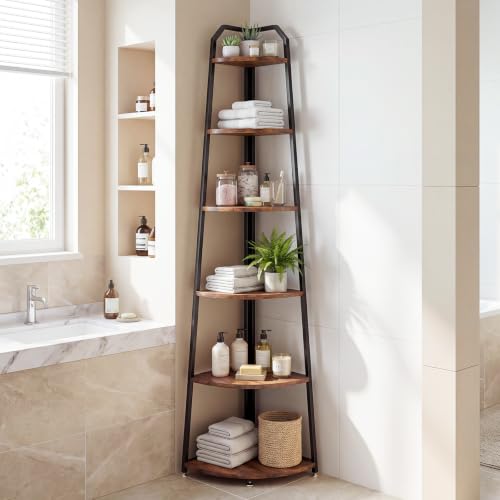 Tall Corner Shelf, 6-Tier Rustic Industrial, 75.2 Inches Brown Freestanding by Cangmiglyx - Used condition - Image 8