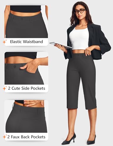 Image of ISEEGZ 14'' /18 inch Capri Pants for Women Dressy Stretch Pull On Womens Capris with Pockets Petite Summer Office Work Casual