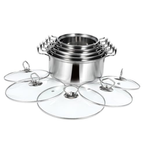 GRIRIW 5juegos Ollas Para Sopa De Acero Inoxidable Ollas Con Tapas De Vidrio Juego De Utensilios De Cocina Para Inducción Para Cocinar y Conservar Alimentos El Hogar
