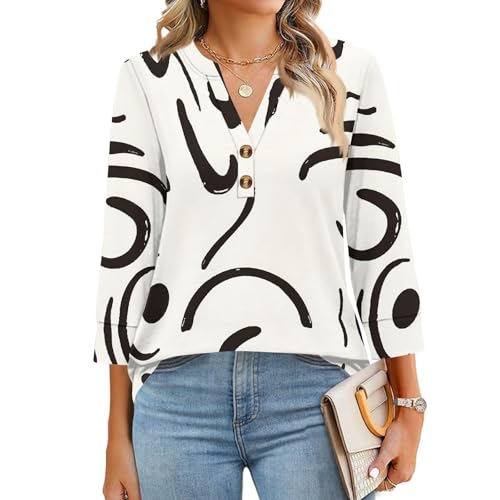 Cotton Blend 3/4 Length Sleeve Womens Slacking Summer Work Top Ladies Crop 3/4 Sleeve V Neck Fit Shirt for Brown S