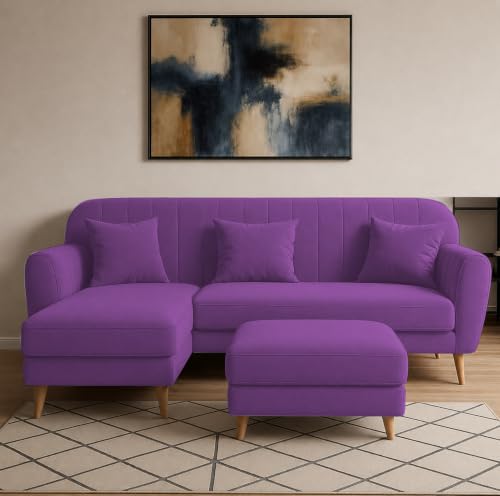 Image of Atticus LHS 4 Seater L Shape Sofa Set with Ottoman for Living Room (Purple Fabric) Premium Fabric Sofa Set
