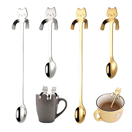 LZNUNMWO 4 Stück Katze Löffel Cat Coffee Spoon Dessert Mini-Kaffee Dessertlöffel Lange Teelöffel Edelstahl Hängendes Design für Tee Suppe Milch Kaffee Zucker Kuchen Getränke Milchshake, 02P220039 Cover