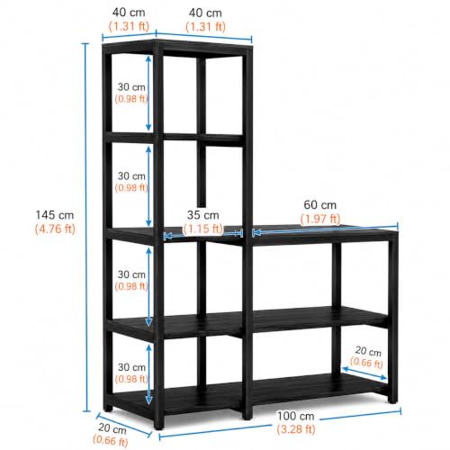 Image of Engineered Wood 8-Tier Bookshelf | Book Shelf Wooden for Home | Ladder Corner Bookshelves | 8 Shelves Display Rack Storage Shelf for Living Room | Black| 100x40x145 cm