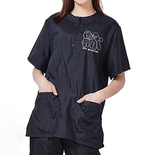 WAYUTO Short Sleeves Pet Grooming Smock with Zipper Dog Grooming Work Clothes with 2 Pockets Pet Grooming Shirt Dog Grooming Workwear for Pet Shop Men Women Poodle X-Large