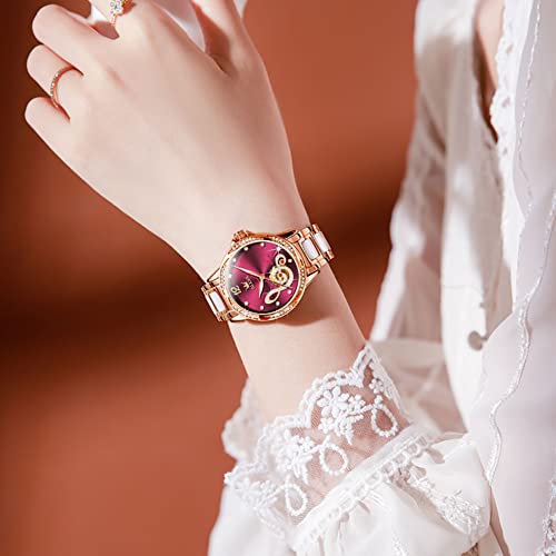 Image of OLEVS Women's Wrist Watches Automatic Red Face Self Winding Watches for Women reloj para Mujer Rose Gold Mechanical Dress Diamond Ladies Waterproof Without Battery Music Note