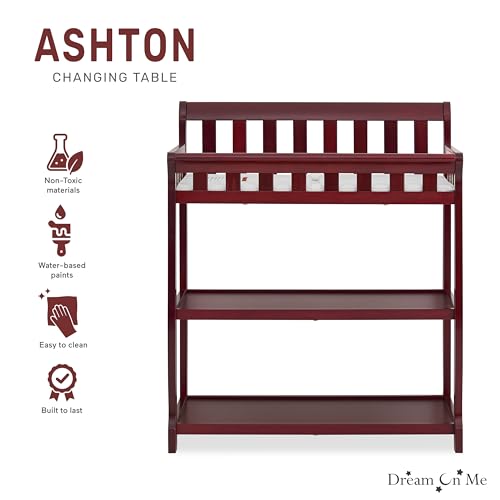 Image of Dream On Me Ashton 2-in-1 Changing Table & Nightstand in Cherry - Solid New Zealand Pinewood, Safety Rails, Spacious Storage Shelves & Water-Resistant Changing Pad, Converts to Nightstand