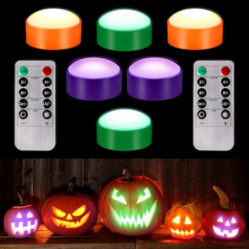 Image of Riakrum 6 Pieces Halloween Remote Timer LED Lights with Remote Summer Halloween LED Pumpkin Lights Battery Operated Lantern Bright Flameless Candle(Green, Orange, Purple)