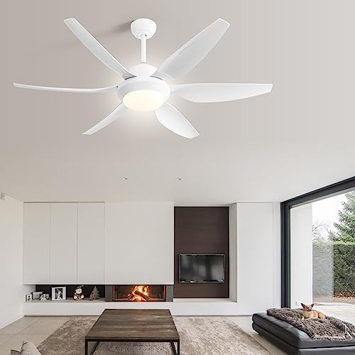 Caci Mall 54" Ceiling Fan With Light And Remote, Modern Ceiling Fan With 6 Blades, Reversible, Quiet Dc Motor Ceiling Fan For Living Room, Kicten, Porch, Patio, White+Matte White, 3 Downrods #TOP7