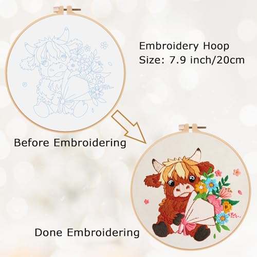 Image of Nuberlic Highland Cow Embroidery Kits for Beginners with Flowers Pattern, DIY Cross Stitch Starter Kits for Adults Including Cloth with Pattern, Hoop, Needles Instruction and Threads