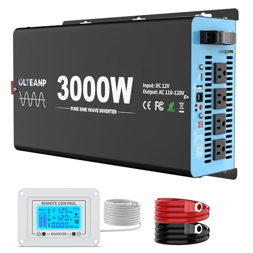 OLTEANP New Upgraded 3000 Watts Pure Sine Wave Inverter, 12V DC to 110V AC Power Inverter with 4 AC Outlets, USB Port, Type-C Port for Truck, Vehicle, Power Outage, Remote Control with LCD Screen