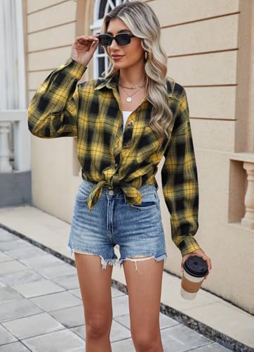 Image of Lacozy Womens Buffalo Plaid Flannel Shirt Long Sleeve Collar Button Down Blouses Tops