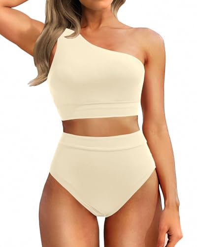 Image of Holipick Women One Shoulder High Waisted Bikini Sets Two Piece Swimsuit Tummy Control Bathing Suit Full Coverage Swimwear