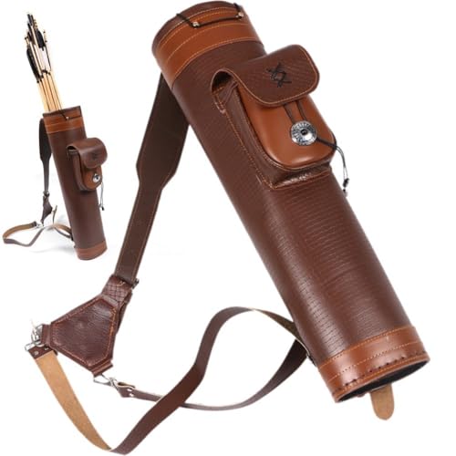 HiyyFloy Arrow Quiver Holder Traditional Leather Quiver with Adjustable Strap and Sided Pocket Archery Quiver for Hunting & Target Practicing