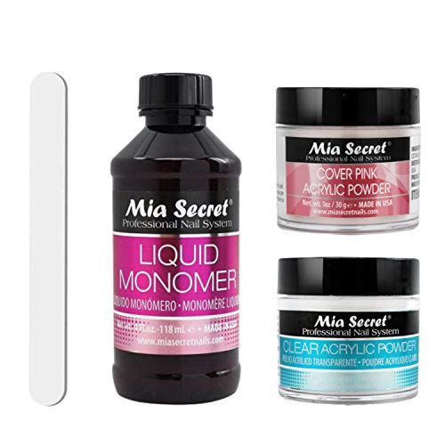 Mia Secret Professional Acrylic Nail System Liquid Monomer 4 oz. With Acrylic Powder, Cover Pink & Clear 1 Oz, Strong and Ultra Shine Nails Acrylic Nail Kit, With Nail File.