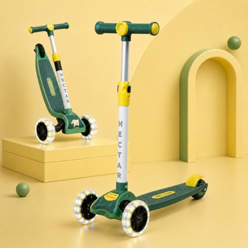 Image of Maanit LED Scooter for Kids (3-12 Years) | Foldable Kick Scooter with LED Light-Up Wheels | Adjustable Height Handlebar | 3-Wheel Stable for Boys & Girls | Outdoor Fun Ride-On (Green)