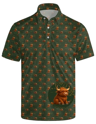 GUYEP Highland Cow Golf Shirts for Men Highland Cow Gifts Golf Polos Short Sleeve Moisture Wicking Quick Dry Funny Polo Shirts for Men