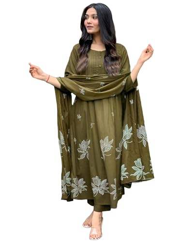 Image of GoSriKi Women's Rayon Viscose Anarkali Printed Kurta with Pant & Dupatta