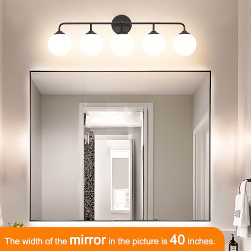 Image of Modern Matte Black 5-Lights Bathroom Vanity Light, Lighting Fixtures Over Mirror with Milky White Glass Ball Shades, Wall Sconces for Bathroom Dressing Table Bedroom