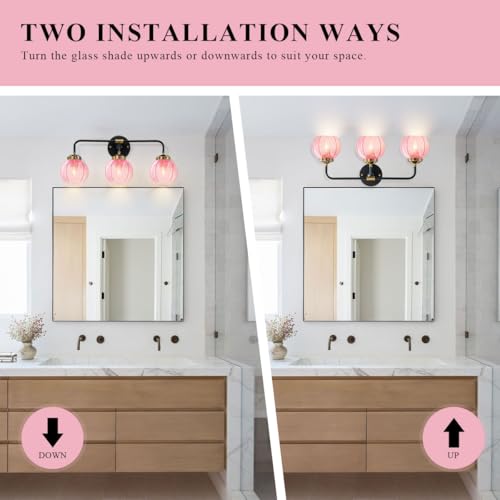 Image of Modern Bathroom Light Fixture Pink Wall Lights with Ribbed Glass Shade 3-Lights Vintage Black Vanity Light Over Mirror Wall Sconce Decor Lighting Fixtures for Bath Farmhouse Bedroom