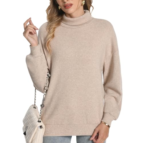Women Turtleneck Sweatshirt Pullover Knit Sweater Casual Soft Fall Winter Trendy Tops Outfits Khaki X-Large