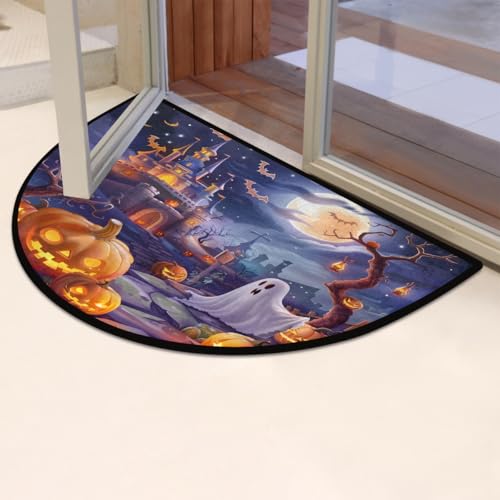 Image of cfpolar Half Round Door Mat Halloween Pumpkin bat Ghosts Non-Slip Semi Circle Area Rug Washable Half Moon Hearth Rugs for Indoor Outdoor Bathroom Kitchen Patio Runner Mat Laundry Room Home Decoration
