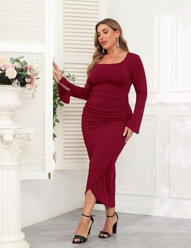 Image of ZOMVA 2024 Plus Size Cocktail Dress Comfortable Bell Sleeves Wedding Guest Square Neck Semi Formal