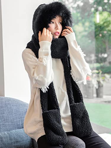 Women's Faux Fur Furry Hood Hat Scarf Gloves 3-in-1 Warm Plush Earflaps Hoodie Cap Fur Collar Winter Hat3