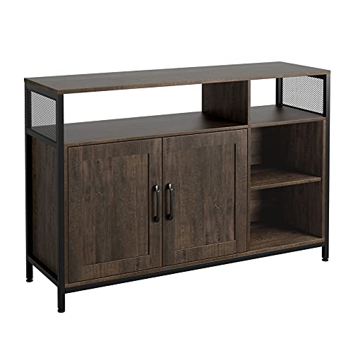 Industrial Buffet Cabinet, Kitchen Storage Cabinet, Wooden Sideboard, Dinning Room Server with 2 Doors Cabinet & Open Shelves, Floor Cabinet for Living Room, Entryway, Bedroom, Dark Brown