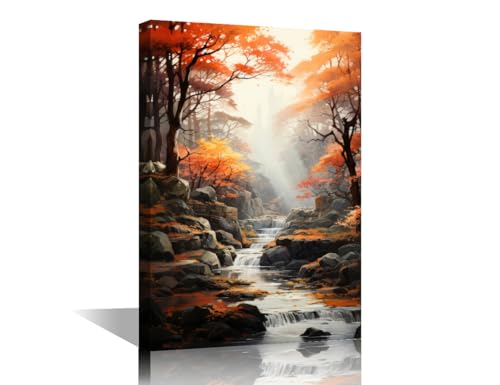 TISHIRON Office Wall Art Autumn Large Canvas Wall Art Nature Contemporary Modern Artwork Stream Pictures for Living Room Bedroom Forest House Decorations Framed Ready to Hang - 18x12in