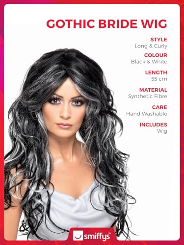 Smiffys Gothic Bride Wig, Black & White Long & Streaked, Halloween Fancy Dress Accessory, Adult Dress Up Wigs - Image 3