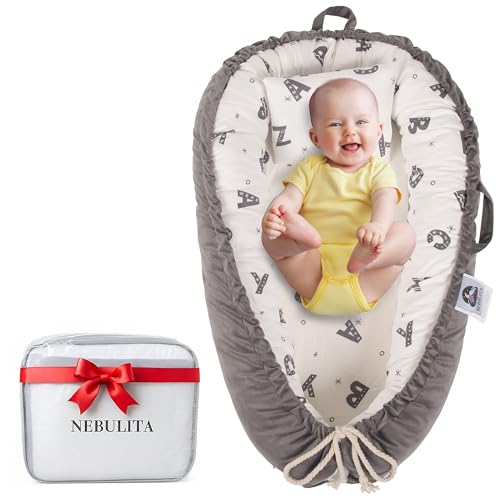 Nebulita Newborn Lounger ABC Gray - Flexible & Portable w/Infant Support Cushion, Soft & Breathable 100% Cotton - Multi-Use Supervised Baby Lounger for Floor, Travel, Changing Mat Alternative - Basic