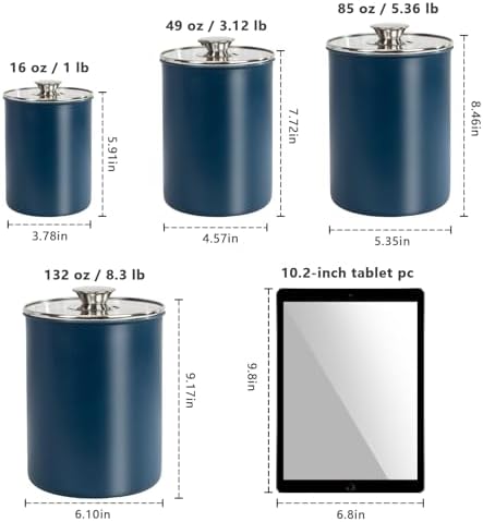 Stainless Steel Food Canister Set of 4-Piece, 16/49/85/132 Ounces,Airtight Containers with Glass Lid for Tea,Coffee,Sugar,Flour,Pantry Kitchen Storage Storeroom Counter (Blue) - Thumbnail 5