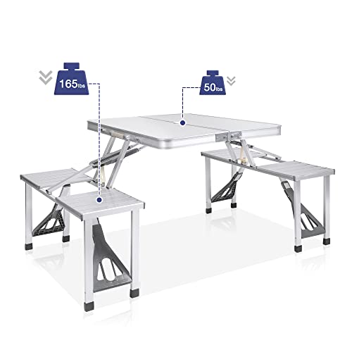 Koreyosh Folding Camping Table Chair Set, Aluminum Suitcase Portable Camping Picnic Table With 4 Seats,Umbrella Hole For Party, Bbq, Beach(Silver) #TOP4